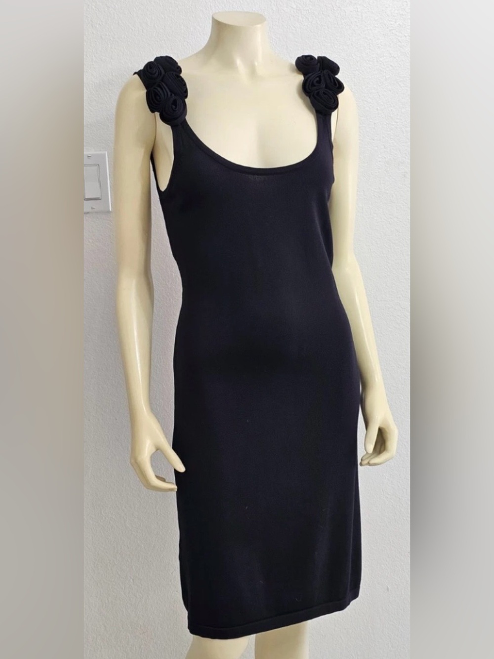 Adrienne Vittadini Black Mini Cocktail Dress with Rosette Shoulder Accents